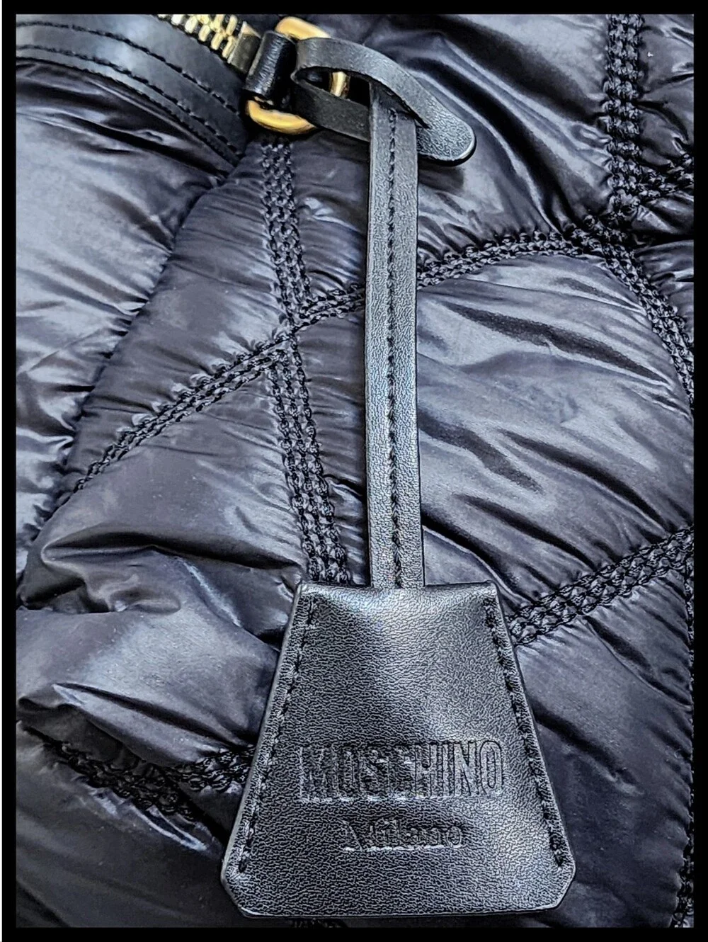 MOSCHINO Quilted Stitch Logo Backpack Gold Studded Hardware Key Ring Nylon Black